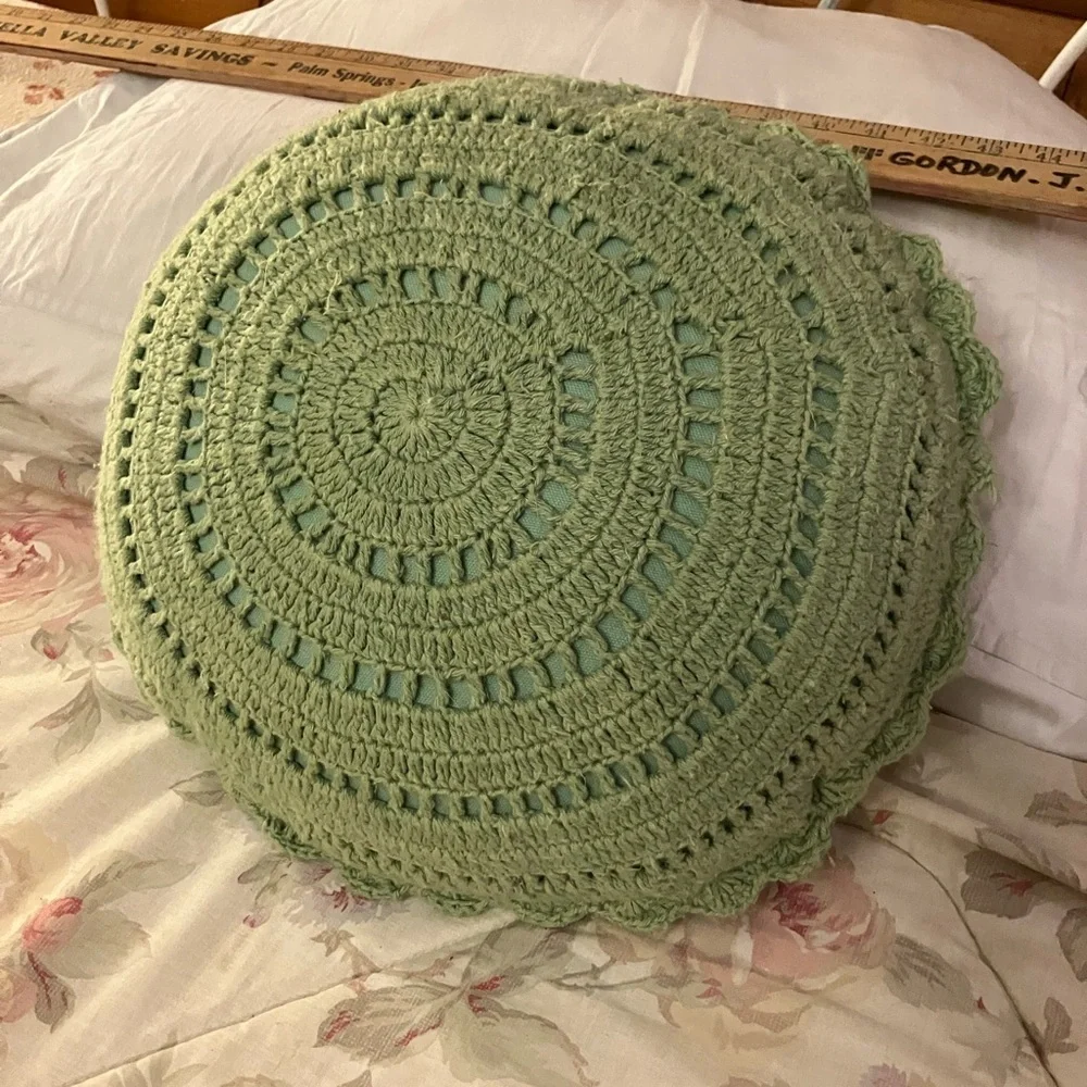 Crocheted round accent pillow vintage inspired vibe Great grandma cottage core